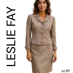 Leslie Fay Neutral Paisley & Floral Ruffled Sleeve Feminine Skirt Suit